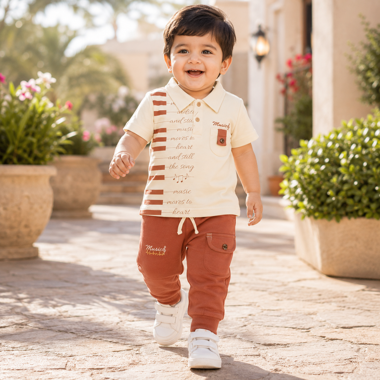 Cream Music Print Polo T-Shirt & Rust Jogger Pants Set