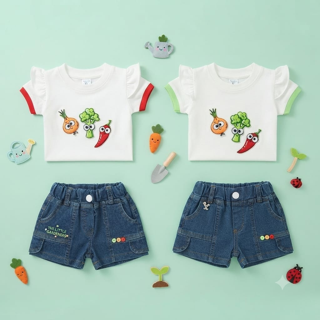 Veggie Print Tee & Denim Shorts Set