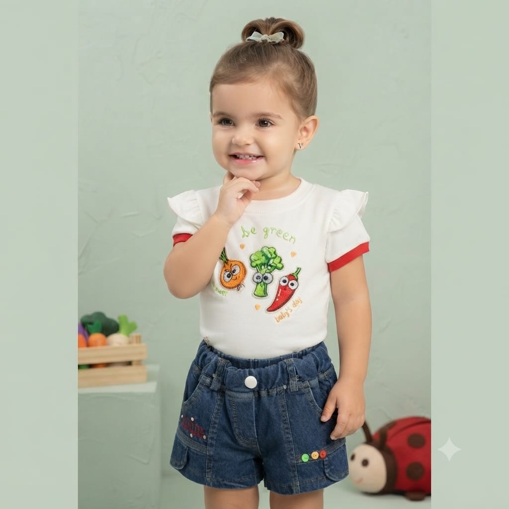 Veggie Print Tee & Denim Shorts Set