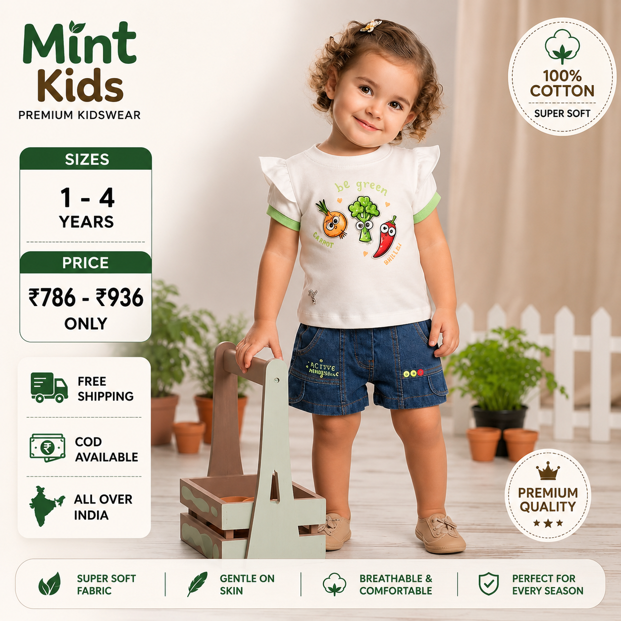 Veggie Print Tee & Denim Shorts Set