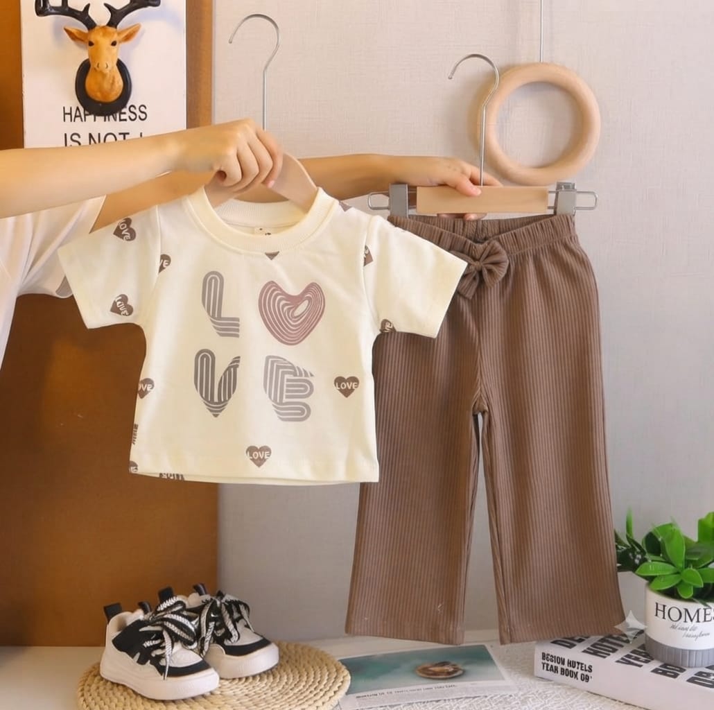 Love Print Ribbed Bow Coord Set