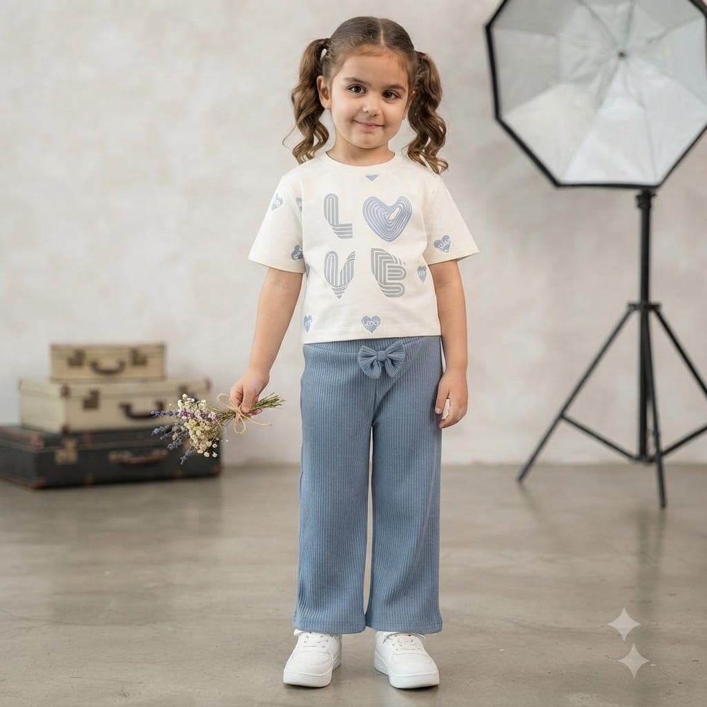 Love Print Ribbed Bow Coord Set