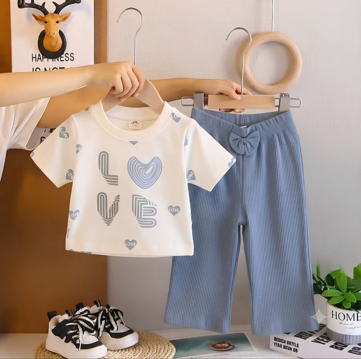 Love Print Ribbed Bow Coord Set