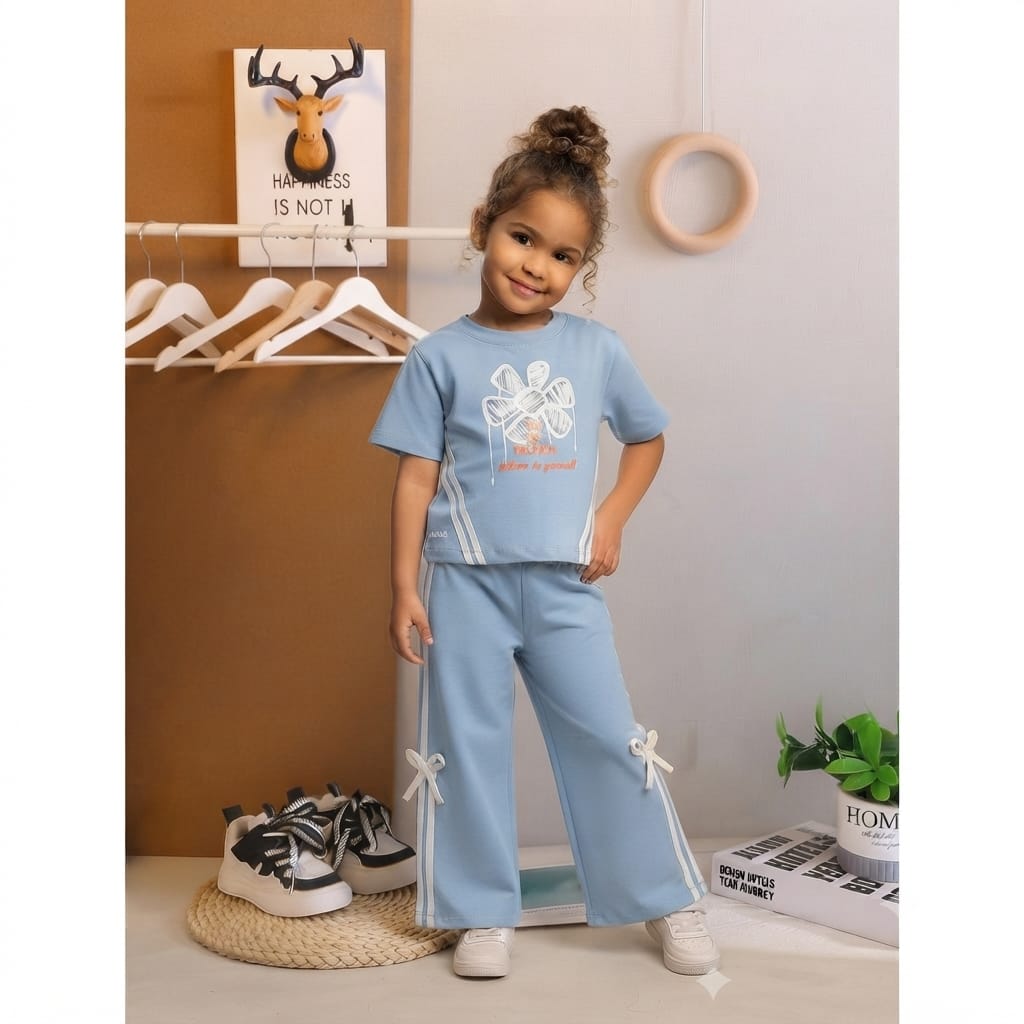 Sky Blue Floral Print Tee & Bow Pants Coord Set