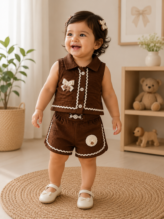 Chocolate Bow Vest & Shorts Set