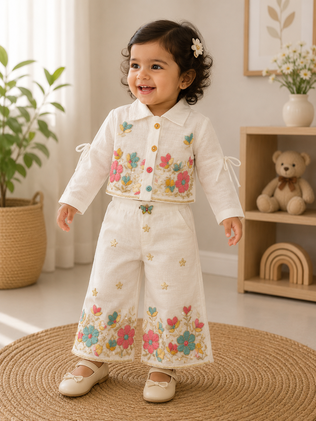 Floral Embroidered Shirt & Wide-Leg Pants Set