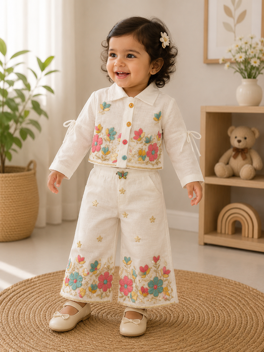 Floral Embroidered Shirt & Wide-Leg Pants Set