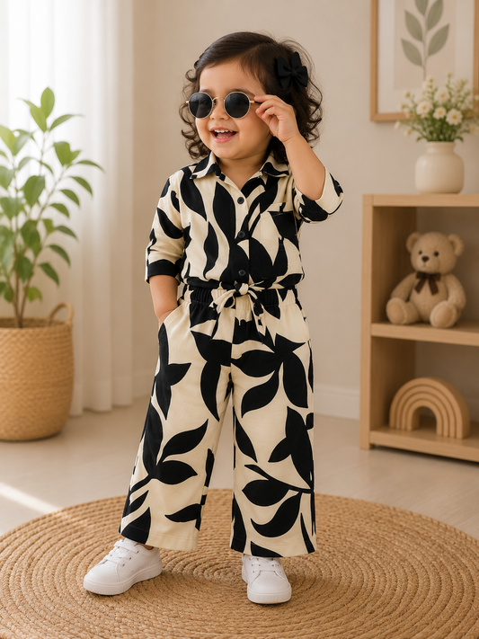 Leaf Print Shirt & Wide-Leg Pants Set