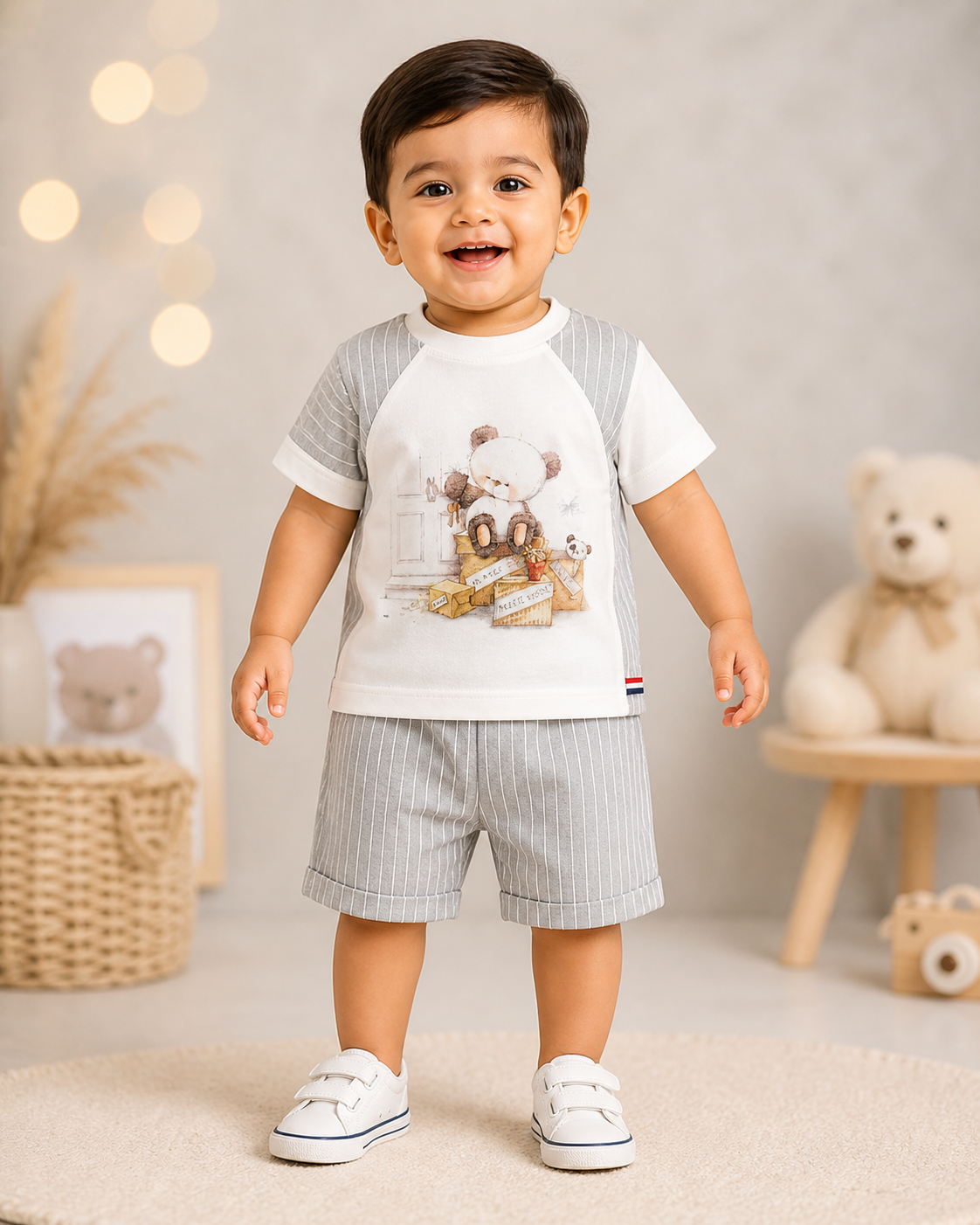 Cream & Grey Pinstripe Teddy Bear Raglan Boys T-Shirt & Shorts Set | 1-3 Years