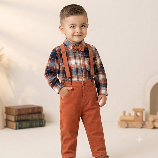 Plaid Check Shirt & Rust Suspender Pants Set