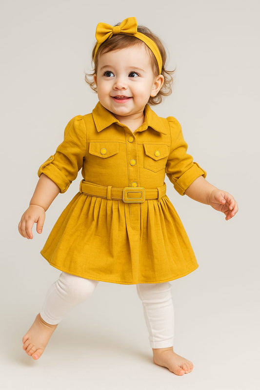Girls Stylish Frock Dress with Belt – Mustard & Mehroon