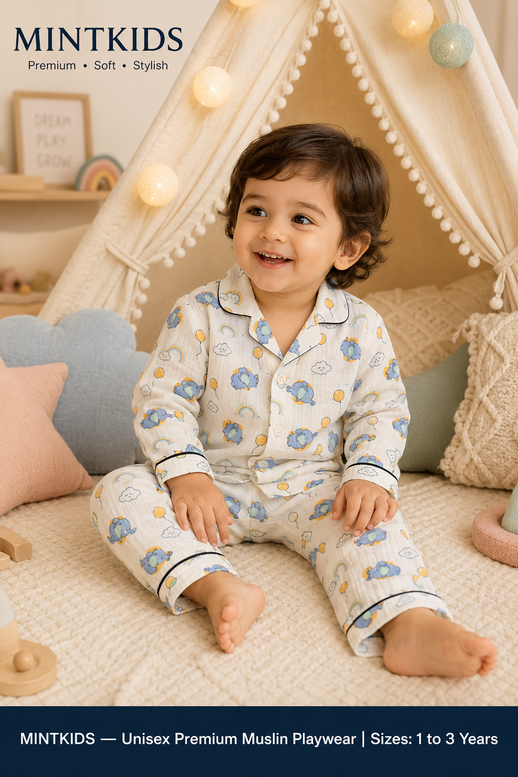 Elephant & Balloon Print Muslin Shirt & Pant Set