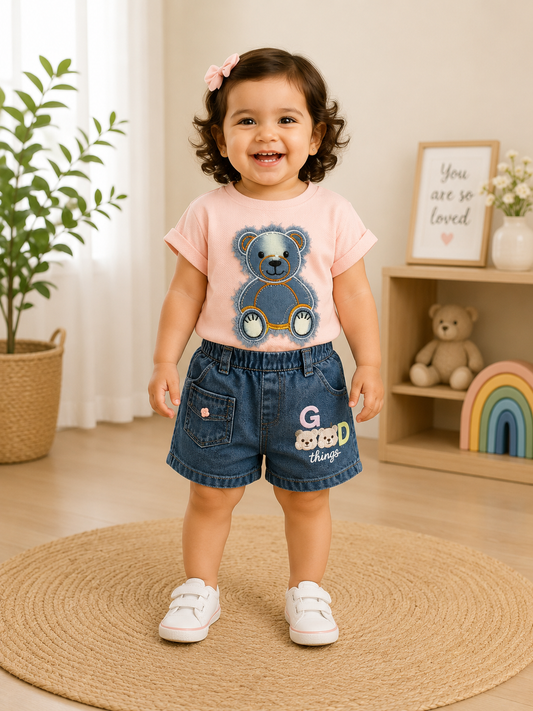 Good Things Bear Patch Tee & Denim Shorts Set