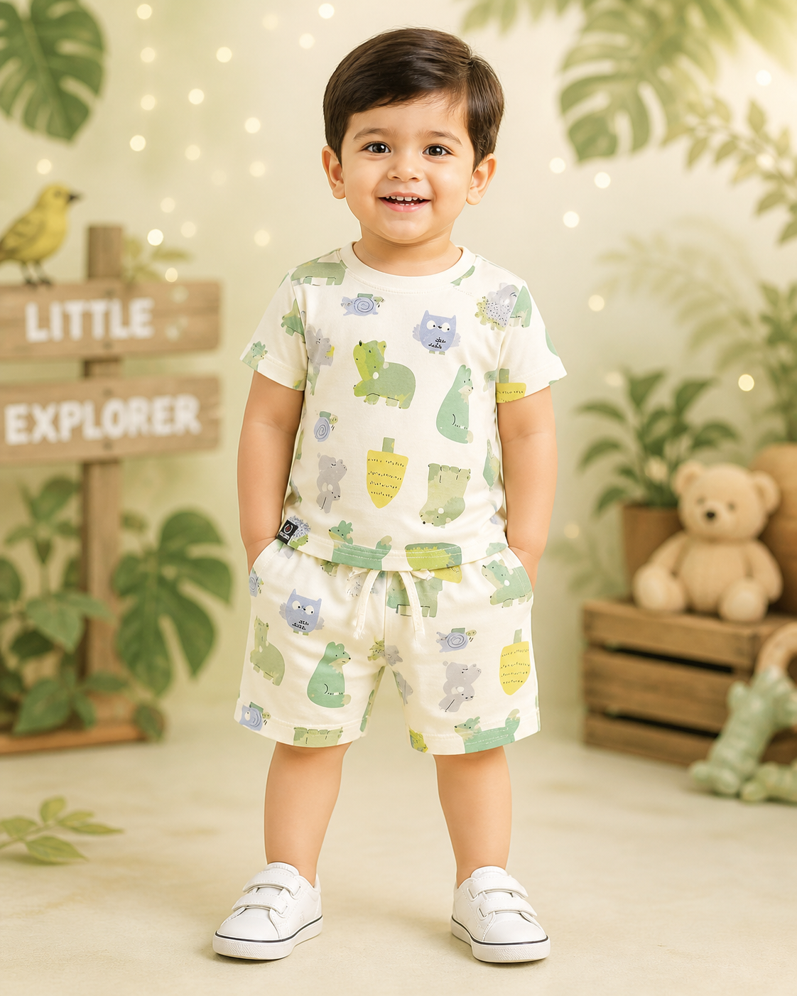 Cream All-Over Jungle Animals Print Baby Boys T-Shirt & Shorts Set | 1-3 Years