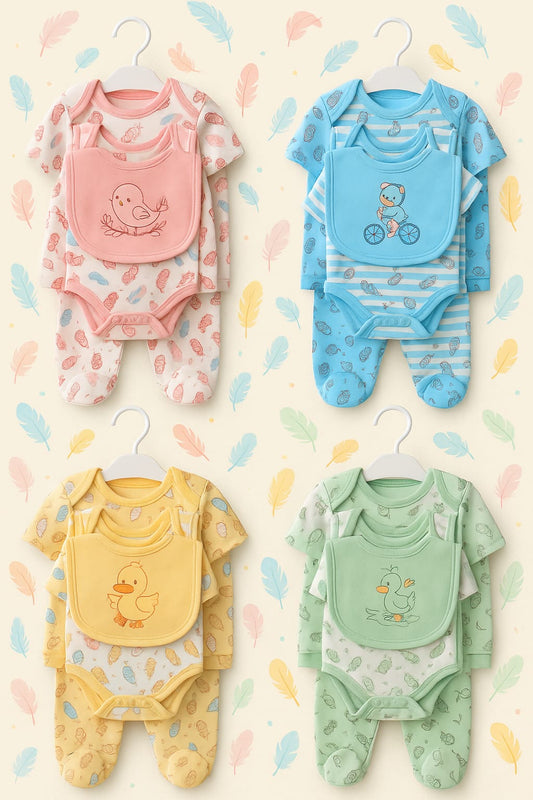 7-in-1 Baby Romper & Bib Gift Set – Peach, Blue, Yellow & Green