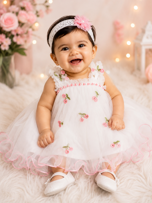 White Cherry Tulle Party Frock Set for Baby Girls | 0–9 Months