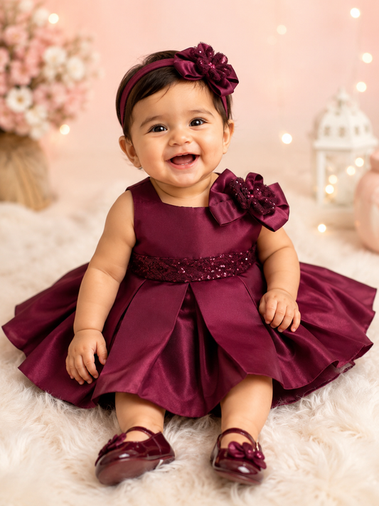 Wine Satin Party Frock Set for Baby Girls | 0–9 Months
