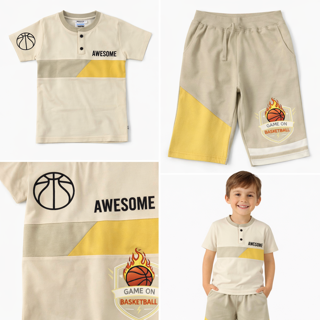Boys Cotton Co-Ord Set (Beige “Awesome” T-Shirt & Bermuda | Basketball Theme)