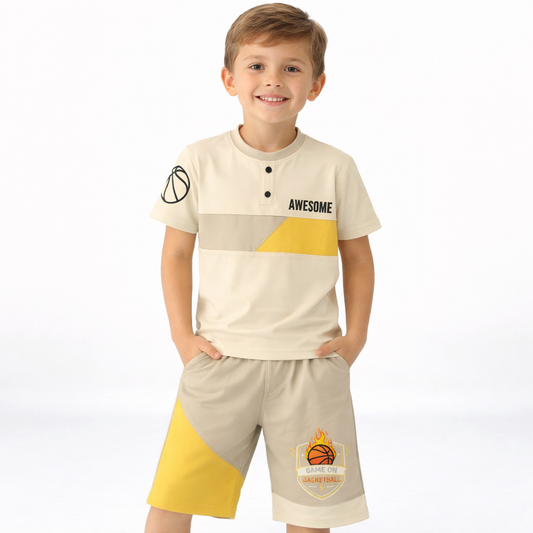 Boys Cotton Co-Ord Set (Beige “Awesome” T-Shirt & Bermuda | Basketball Theme)