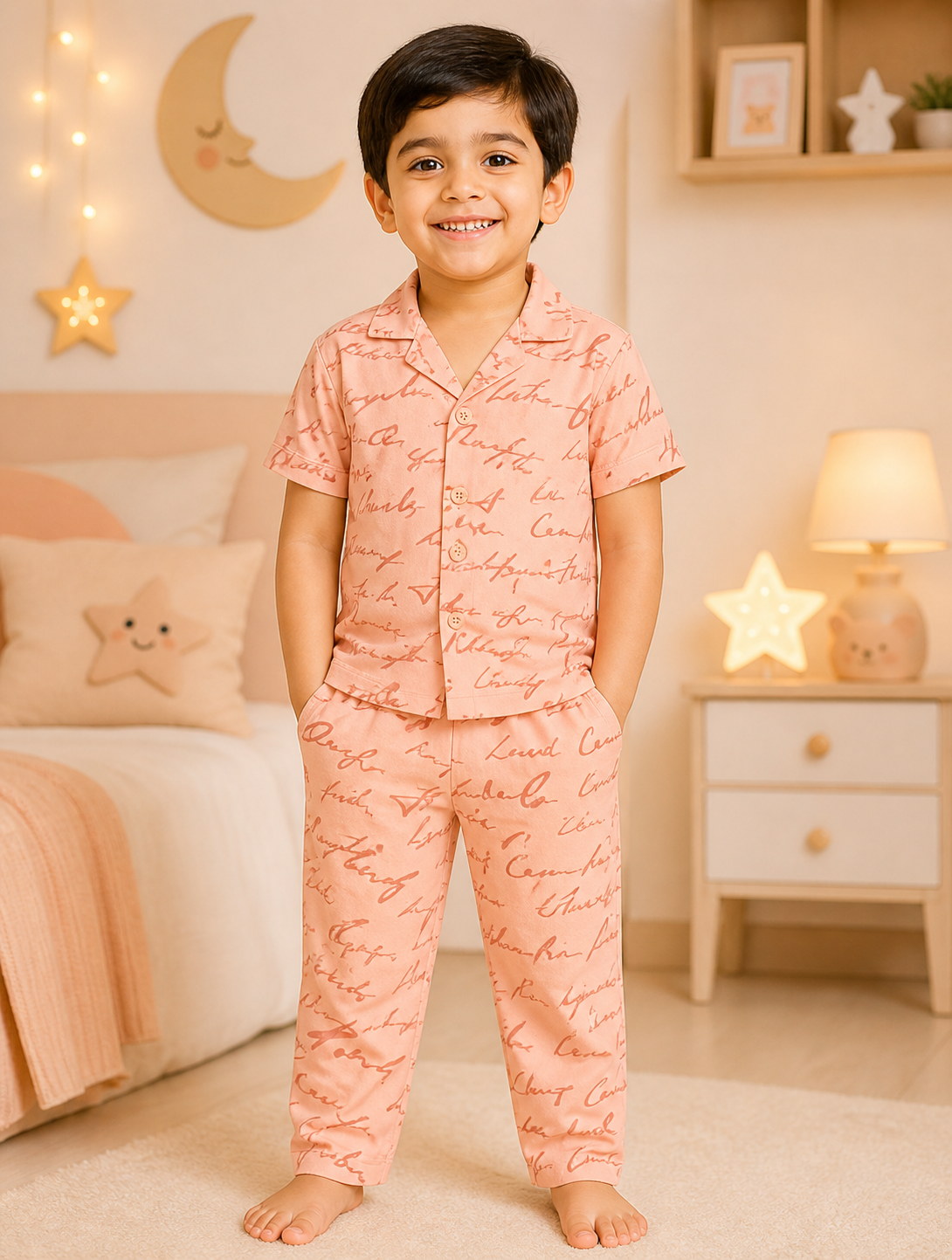 Peach All-Over Cursive Script Print Boys Nightwear Shirt & Pyjama Set | 2-6 Years
