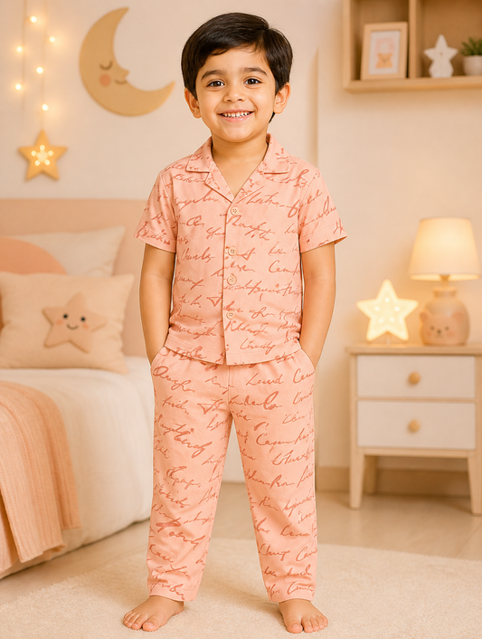 Peach All-Over Cursive Script Print Boys Nightwear Shirt & Pyjama Set | 2-6 Years
