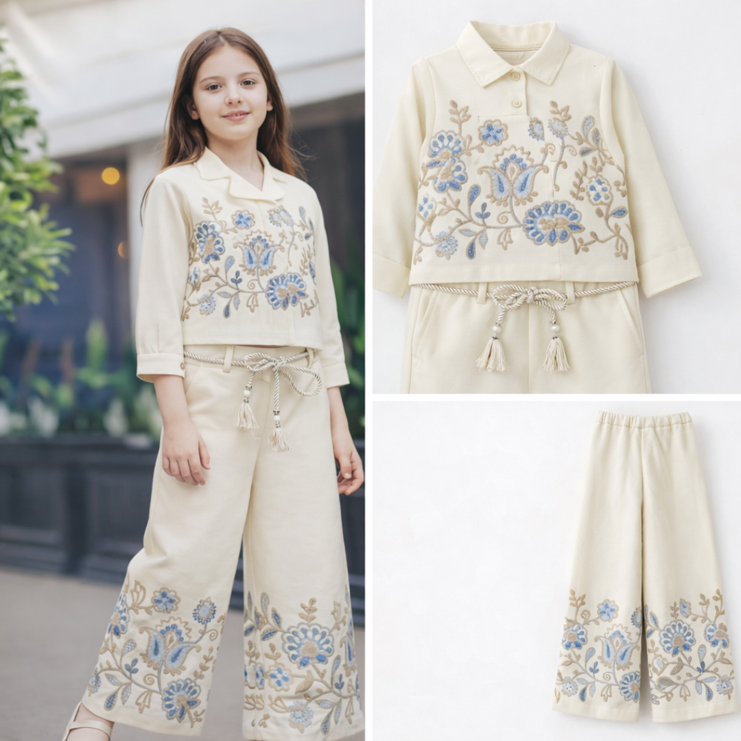 Girls Cream Floral Embroidered Top & Pant Set