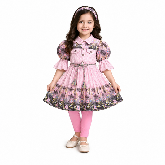 Girls Pink Printed Knee-Length Dress with Leggings