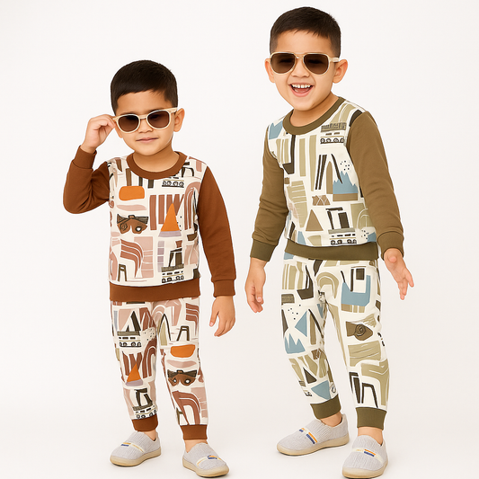 Boys Olive Green Construction Print cord Set – Full Sleeves & Joggers