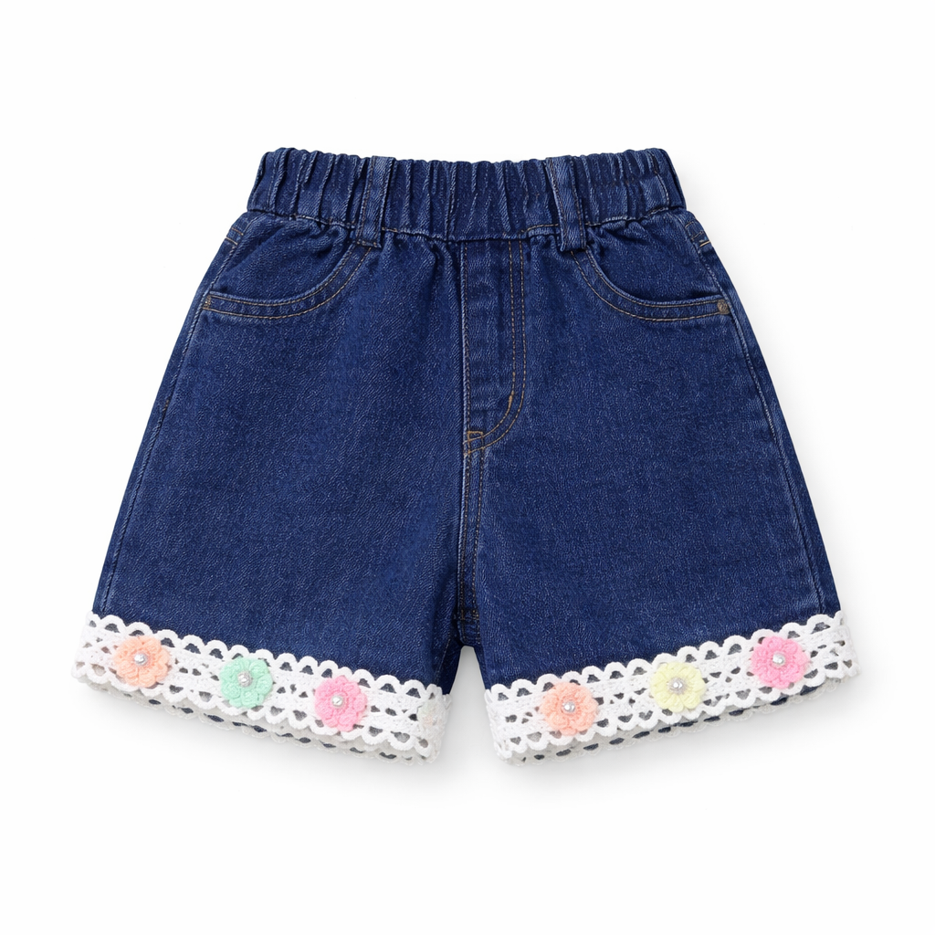 Girls Lace Top with Floral Denim Shorts Set