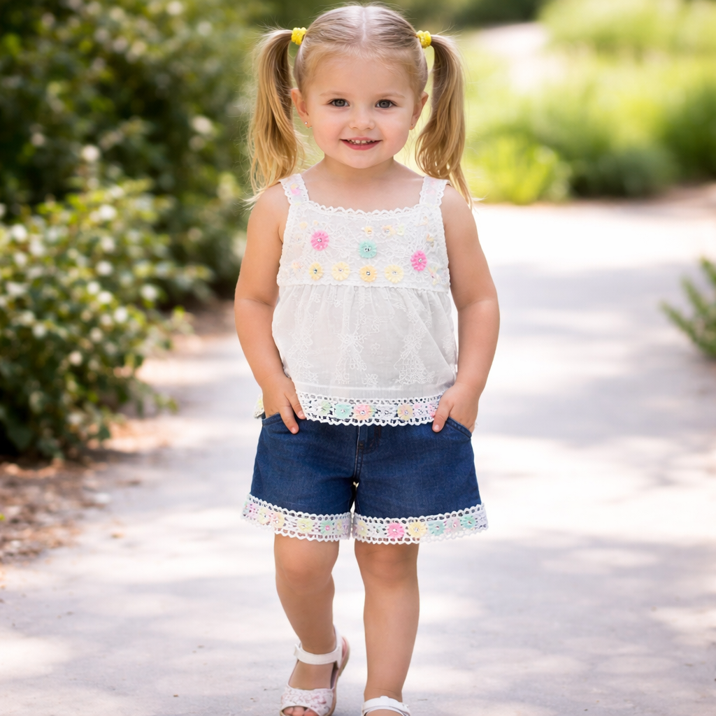 Girls Lace Top with Floral Denim Shorts Set