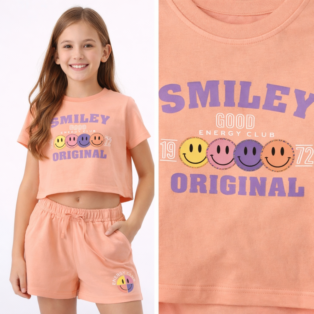 Girls Cotton Crop Top & Shorts Set (Peach Smiley Co-Ord Set)