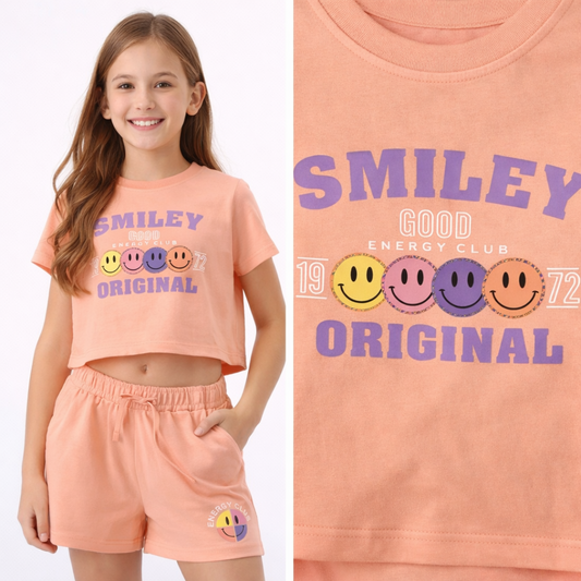 Girls Cotton Crop Top & Shorts Set (Peach Smiley Co-Ord Set)