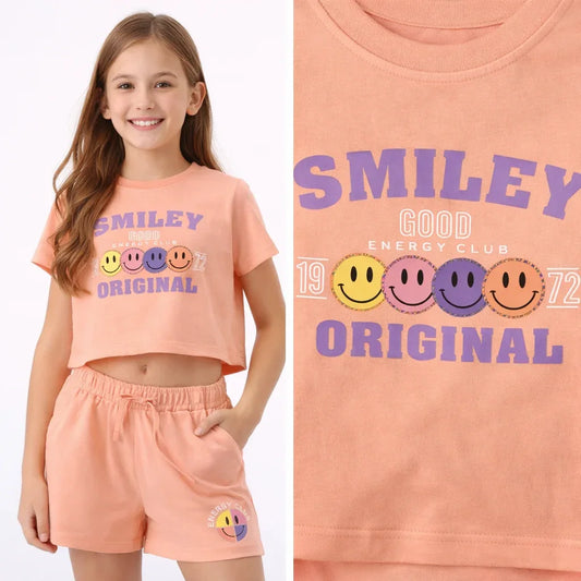 Girls Cotton Crop Top & Shorts Set (Peach Smiley Co-Ord Set)