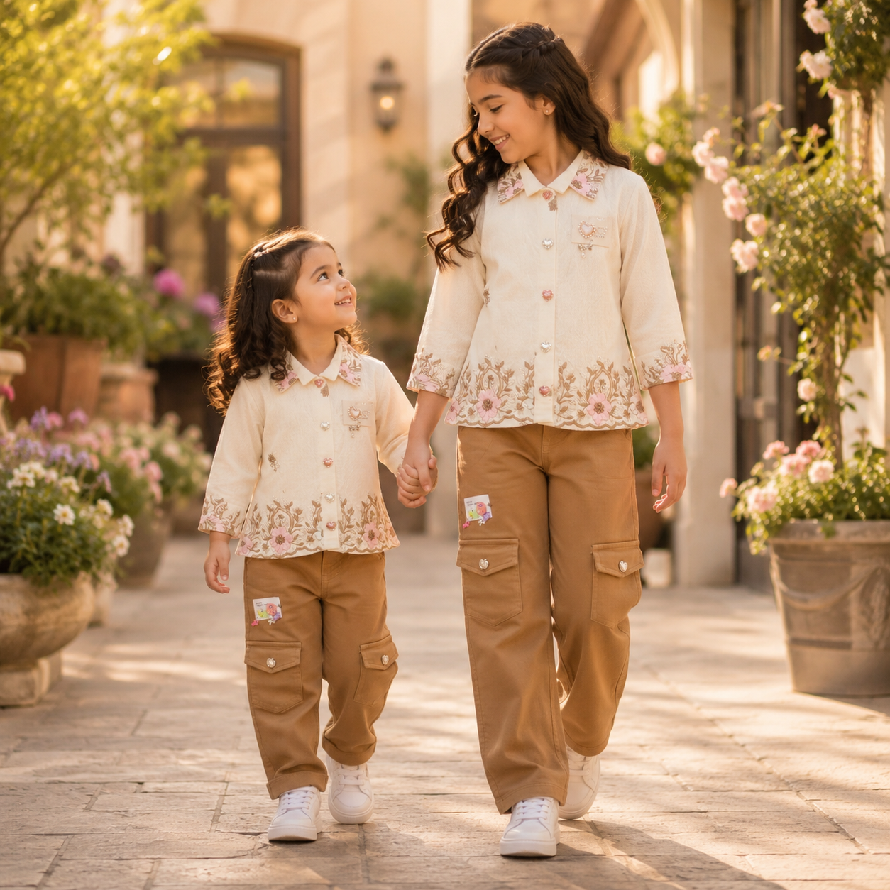 Cream Floral Embroidered Shirt & Camel Cargo Pants Set