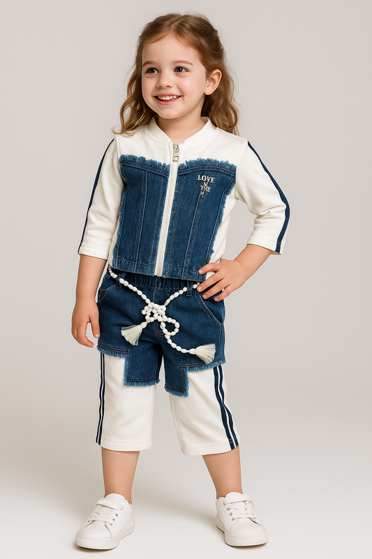 Girls' Denim Panel Co-ord Set with Beaded Belt – Trendy & Playful