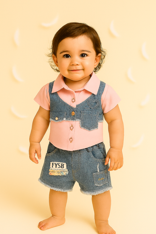 Chic Denim Vest-Style Cord Set – Pink & Blue (Baby Girls)