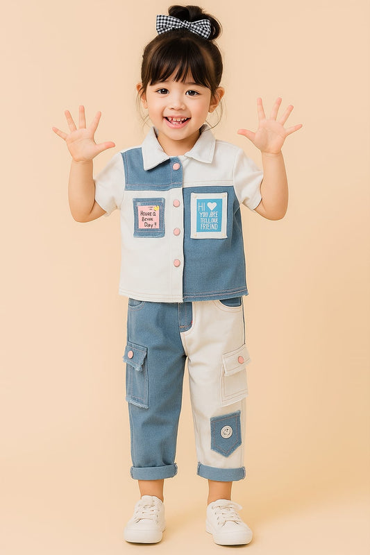 Half & Half Denim Cargo Co-ord Set – Blue & White (3 to 11 Years)