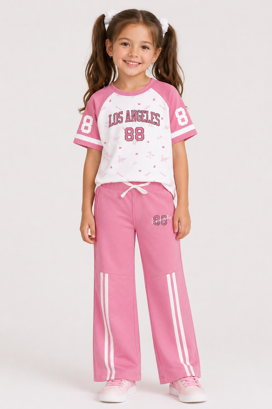 Los Angeles 88 Raglan Tee & Pink Wide-Leg Trackpants Co-ord Set | Mint Kids
