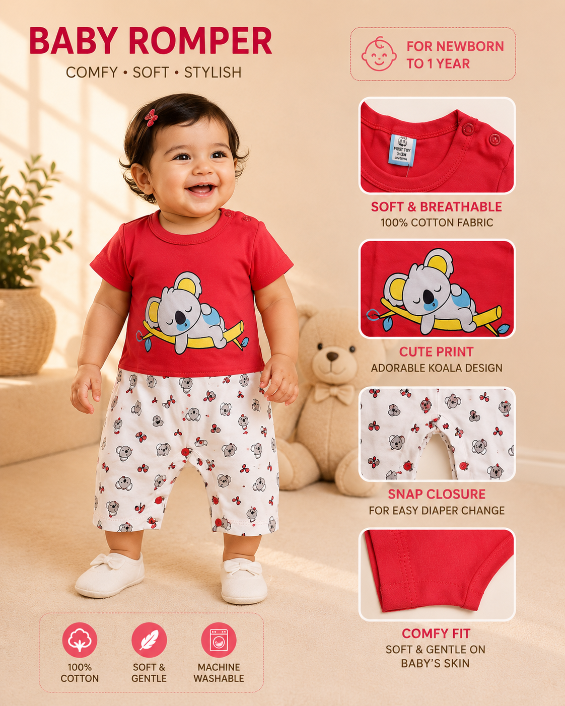 Sleepy Koala Graphic Top & Koala Print Shorts Baby Romper Set