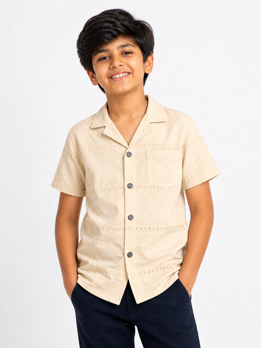Cream Embroidered Boys Shirt | Cuban Collar Self-Tone Geometric Print | 6-12 Years