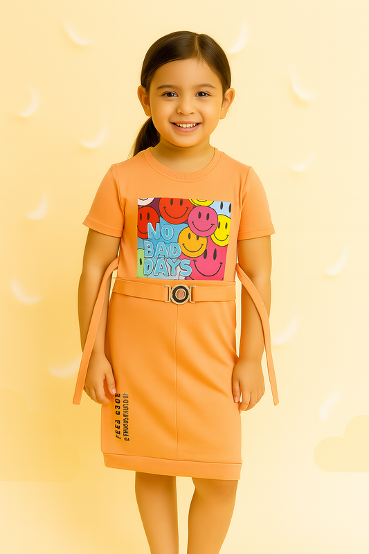 Peach "No Bad Days" Smiley Dress with Belt – Girls Casual Style