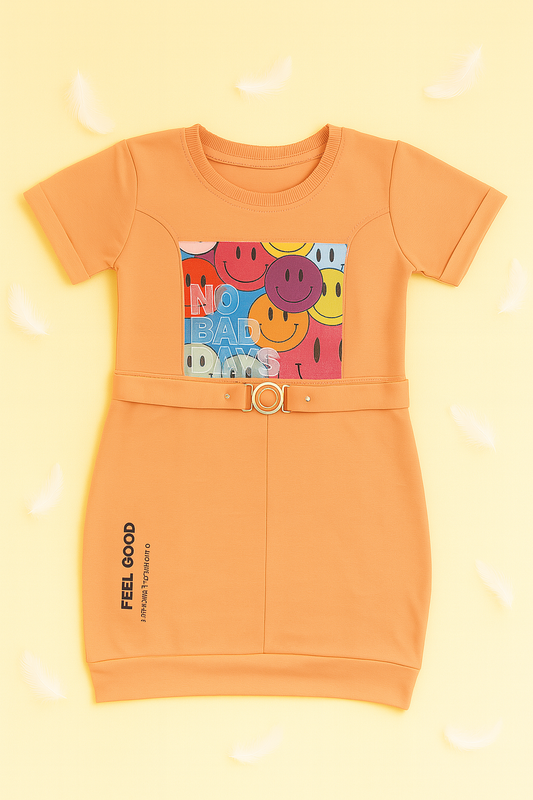 Peach "No Bad Days" Smiley Dress with Belt – Girls Casual Style