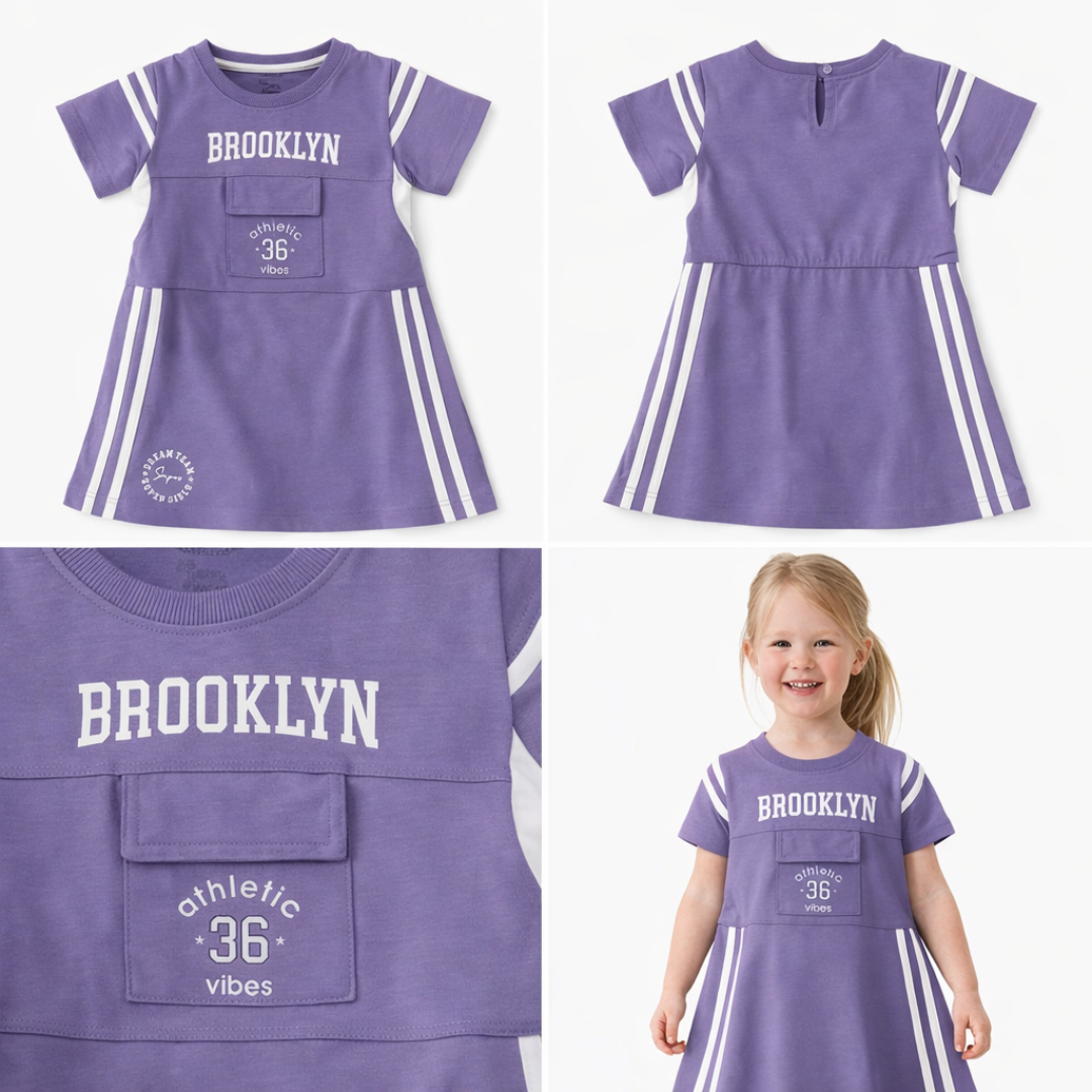 Purple dress with 'Brooklyn' and '36' text, shown from front, back, and side views, with a child model wearing it.