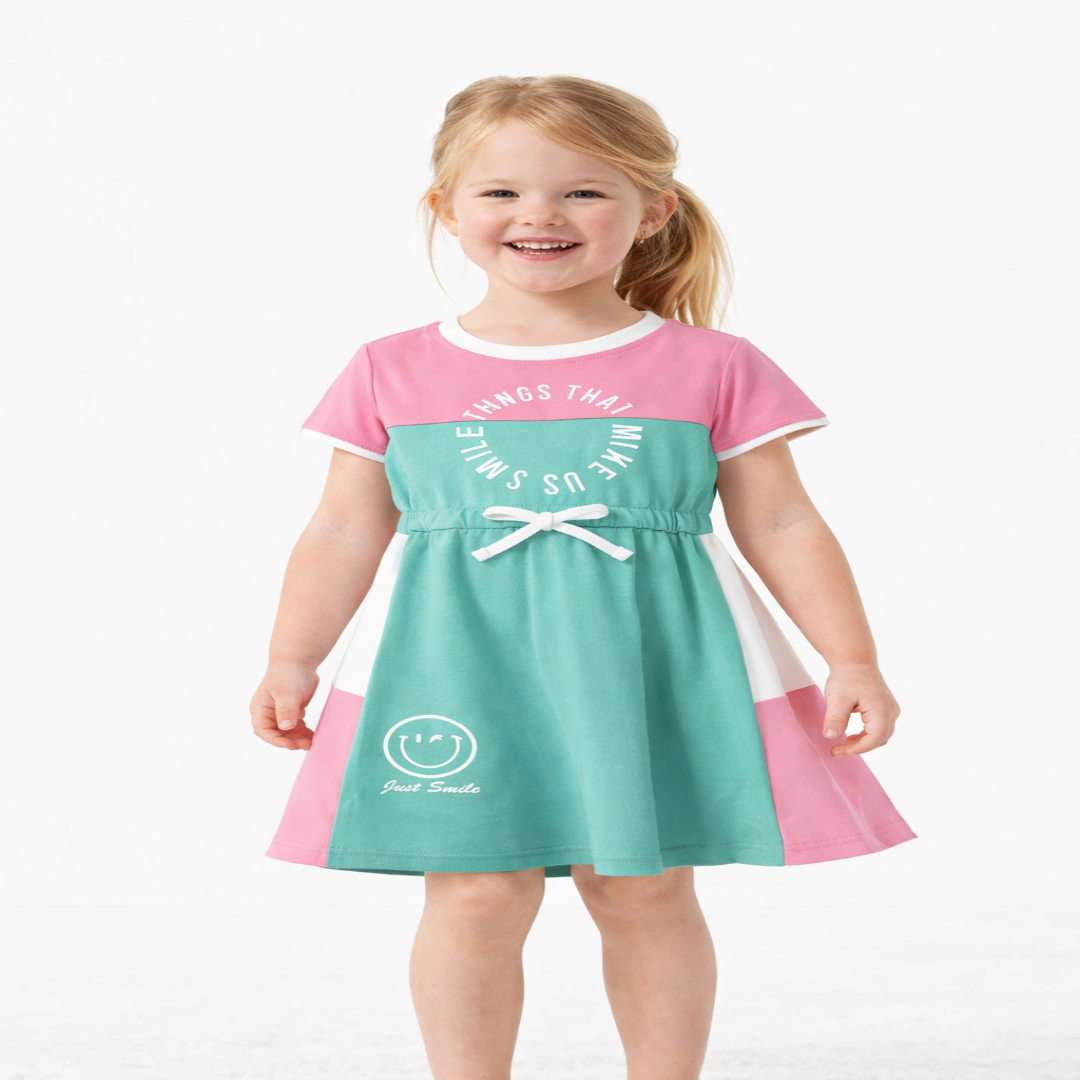Young girl wearing a colorful dress with a smiley face design on a white background