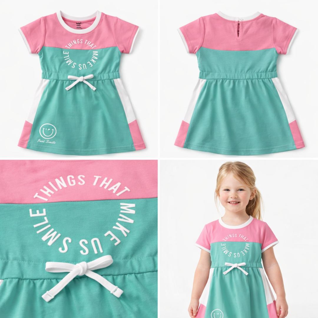 Collage of a teal and pink dress with text, shown from different angles on a white background.
