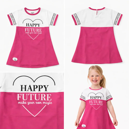 Girls A-Line Cotton Frock (Pink & White | Happy Future Print Dress)