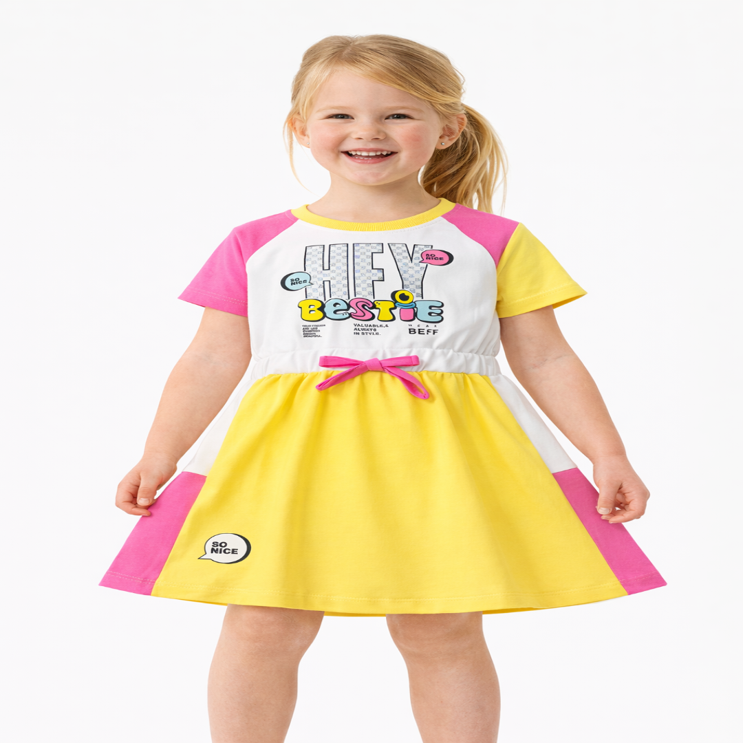 Girls A-Line Cotton Frock (Yellow & Pink Color Block | Hey Bestie Print Dress)