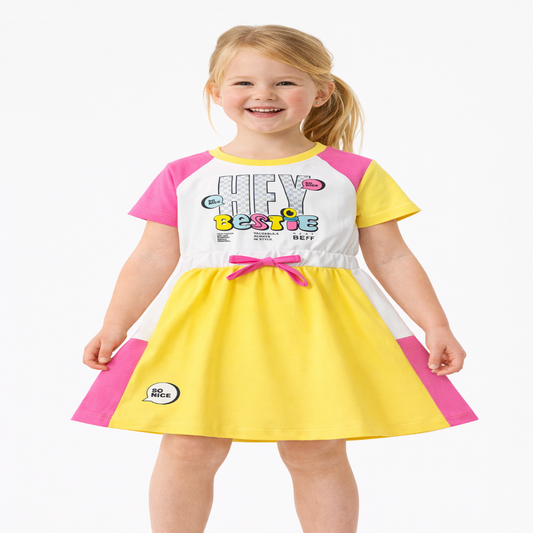 Girls A-Line Cotton Frock (Yellow & Pink Color Block | Hey Bestie Print Dress)