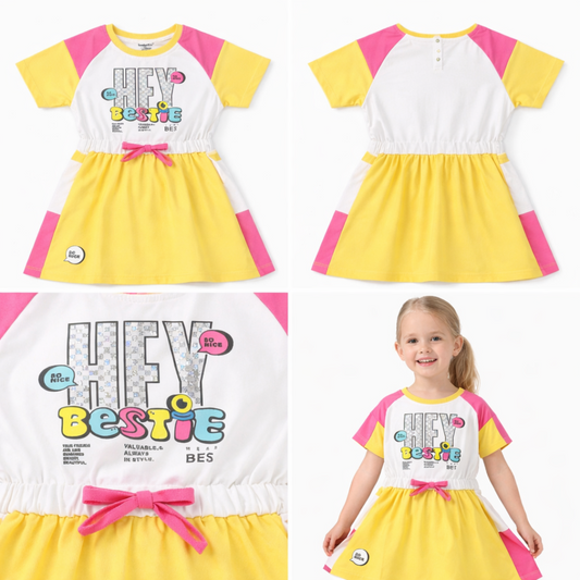 Girls A-Line Cotton Frock (Yellow & Pink Color Block | Hey Bestie Print Dress)