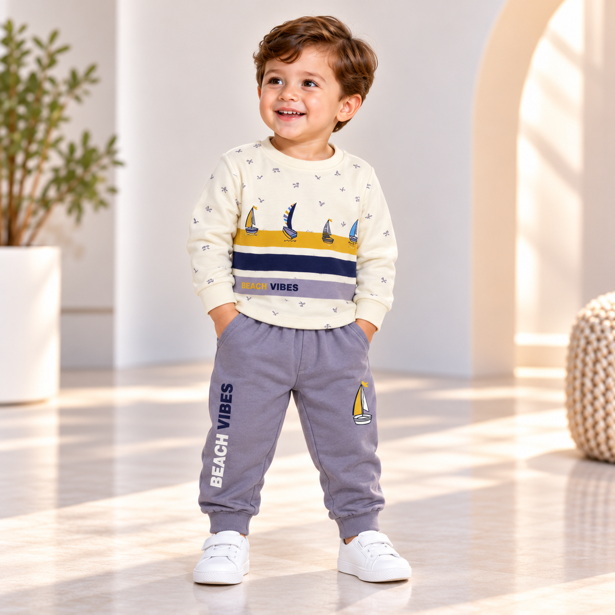 Sailboat Stripe Top & Grey Jogger Set